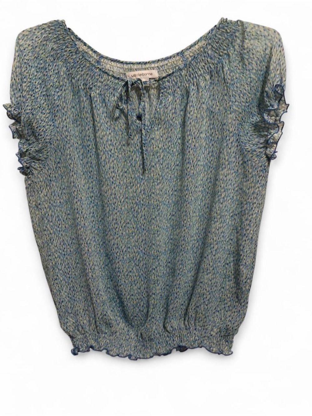 Liz Claiborne Blue Microprint Smocked Peasant Blouse